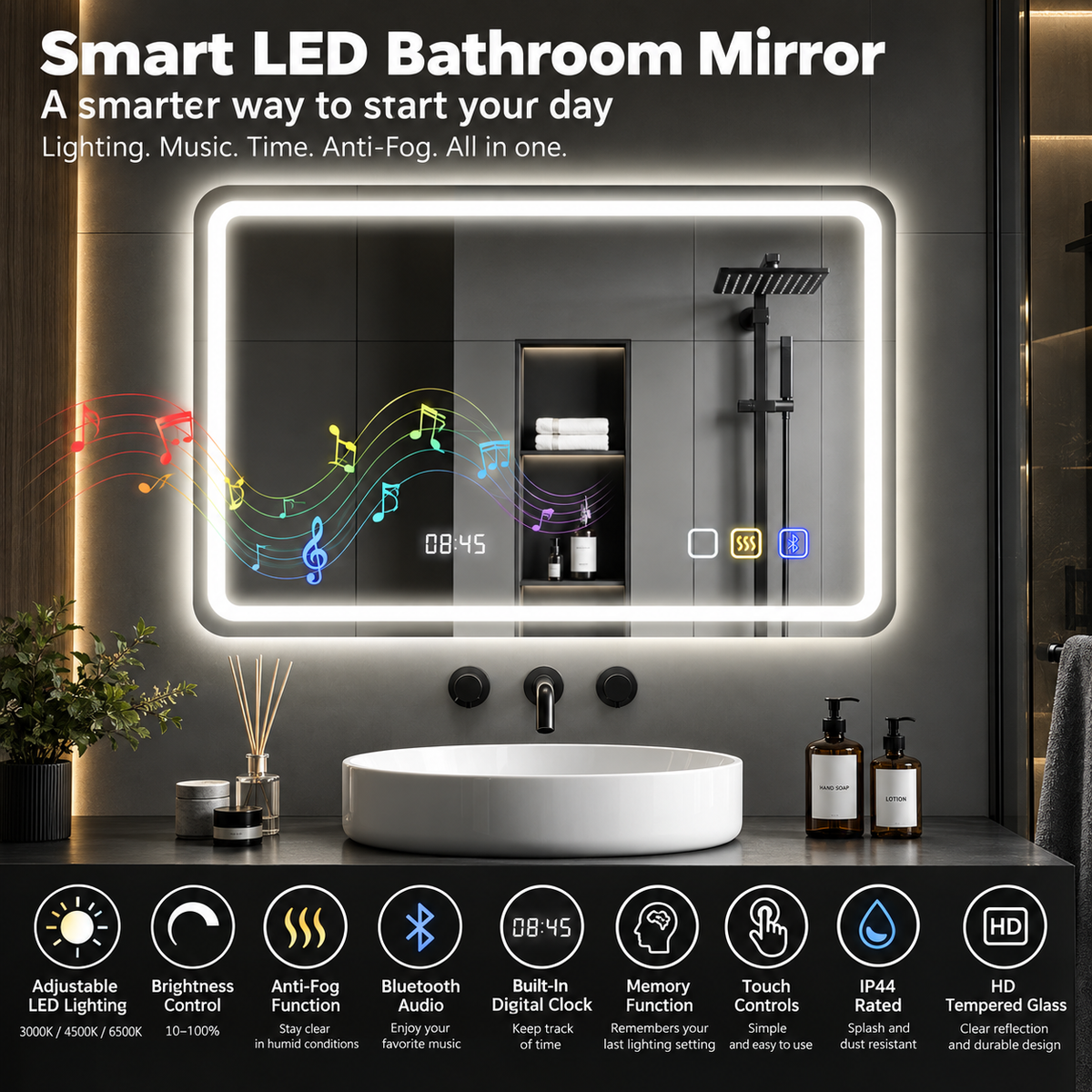 Smart LED Bathroom Mirror with Bluetooth, Clock & Anti-Fog – 50 × 70 cm