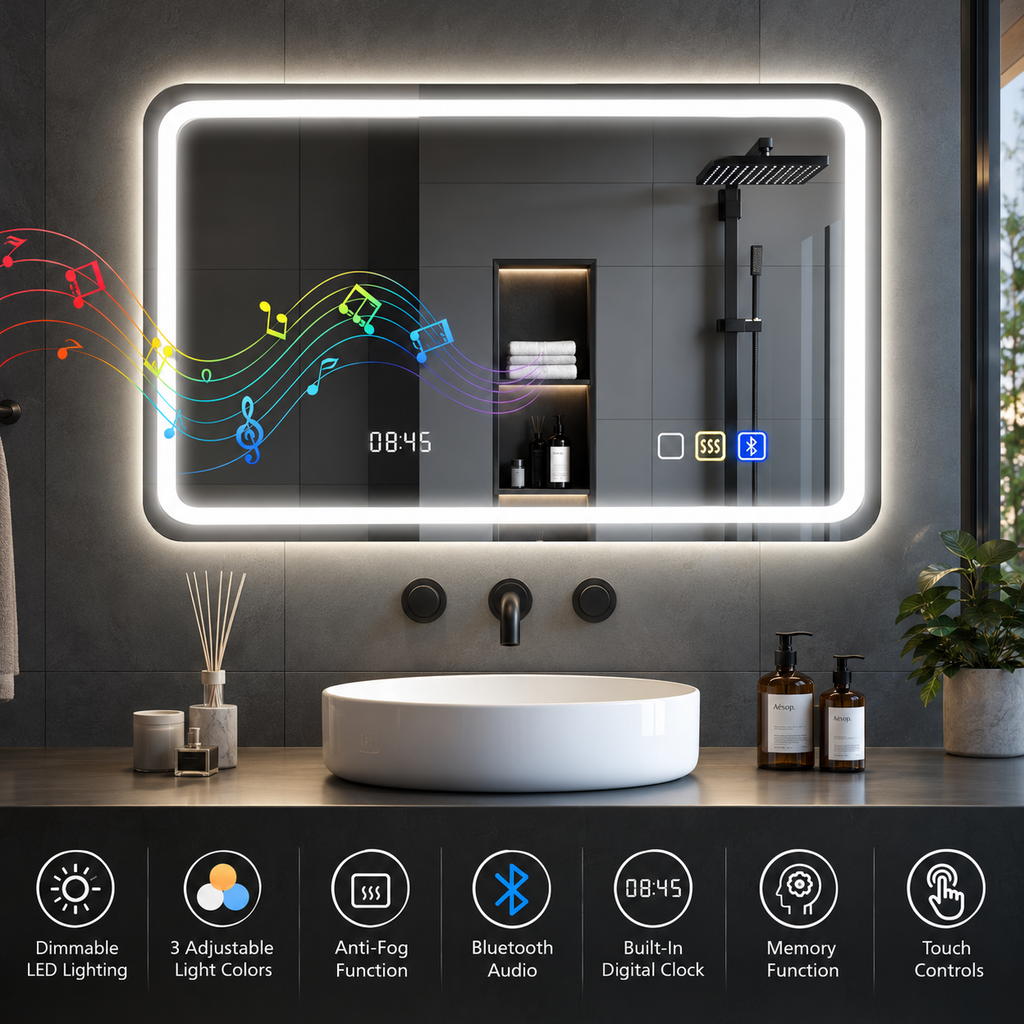Smart LED Bathroom Mirror with Bluetooth, Clock & Anti-Fog – 50 × 70 cm