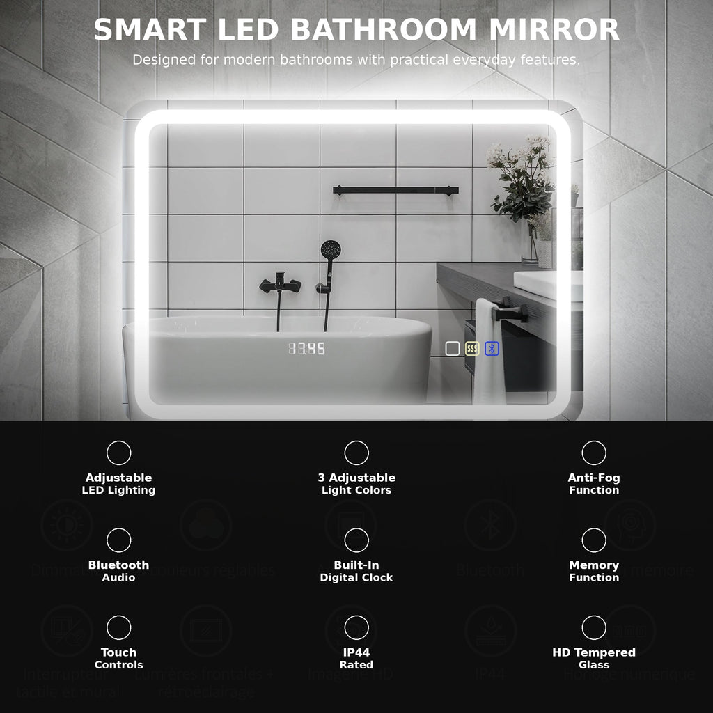 Smart LED Bathroom Mirror with Bluetooth, Clock & Anti-Fog – 50 × 70 cm
