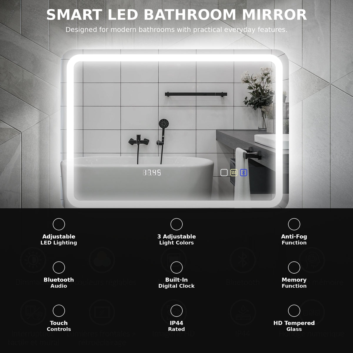 Smart LED Bathroom Mirror with Bluetooth, Clock & Anti-Fog – 50 × 70 cm
