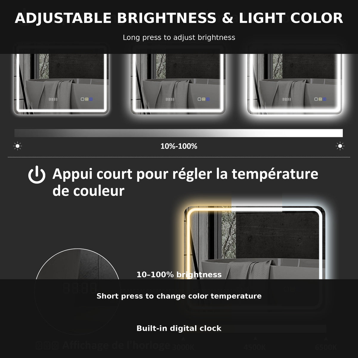 Smart LED Bathroom Mirror with Bluetooth, Clock & Anti-Fog – 50 × 70 cm