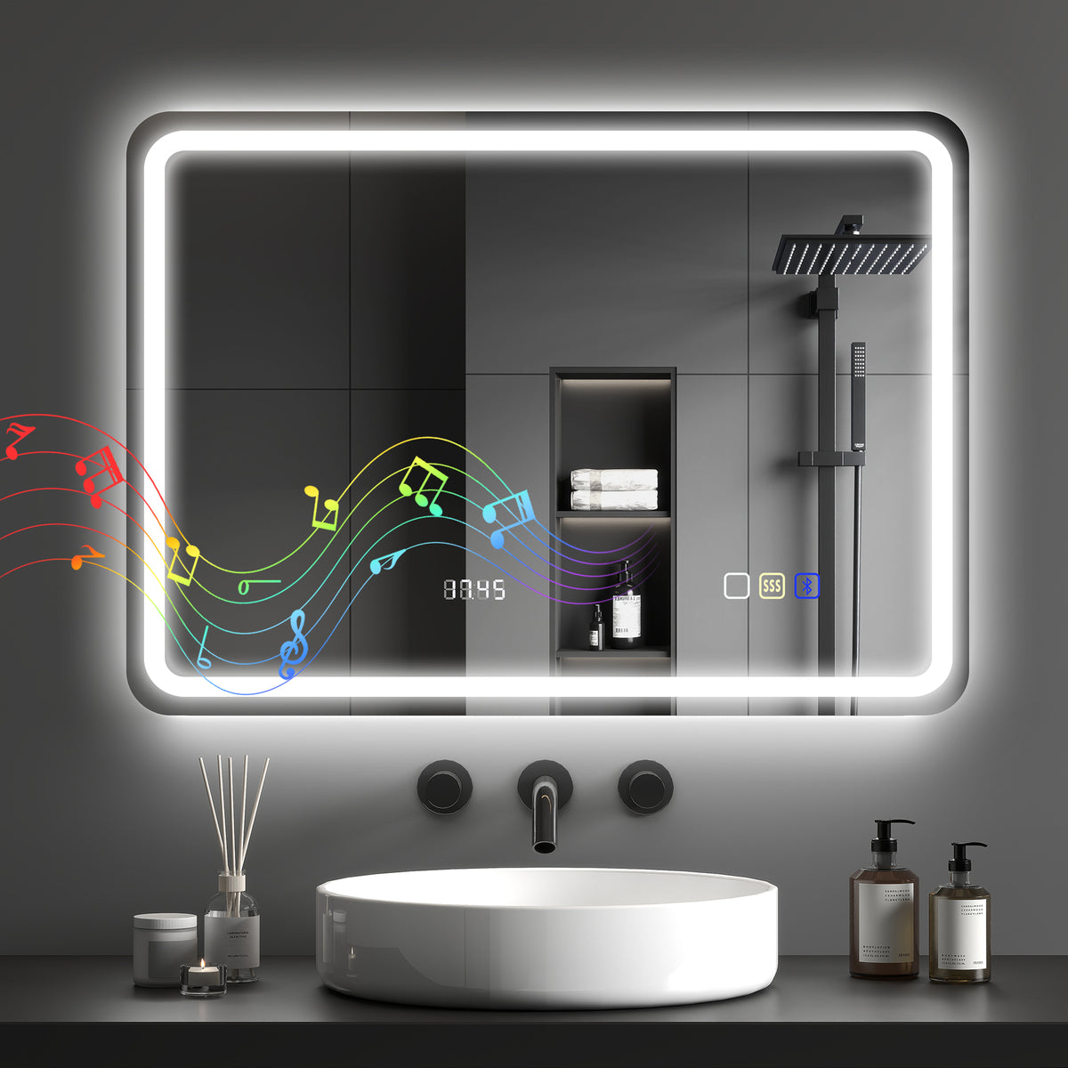 Smart LED Bathroom Mirror with Bluetooth, Clock & Anti-Fog – 50 × 70 cm