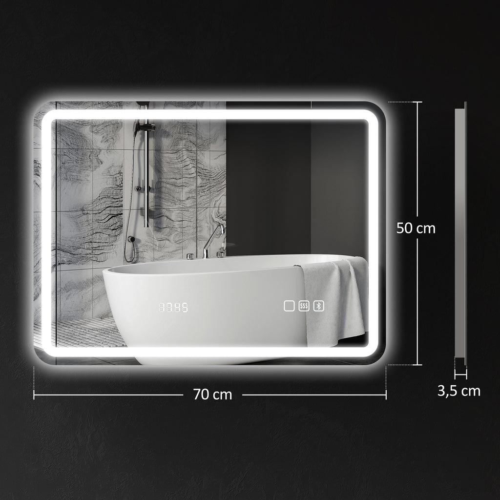 Smart LED Bathroom Mirror with Bluetooth, Clock & Anti-Fog – 50 × 70 cm